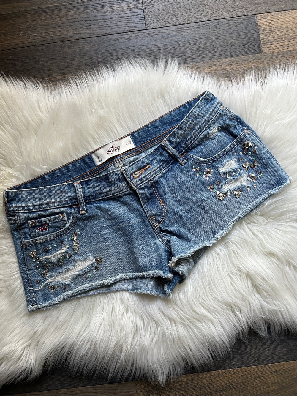 Hollister Light Blue Embellished Distressed Denim Shorts